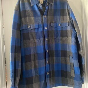 Duluth Trading Co Blue and Gray Plaid Men's Fleeced Lined Shirt Jacket L